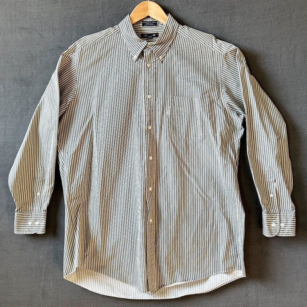 Faconnable Striped Shirt Men's 17.5 L Long Sleeve Button Yellow Blue Cotton